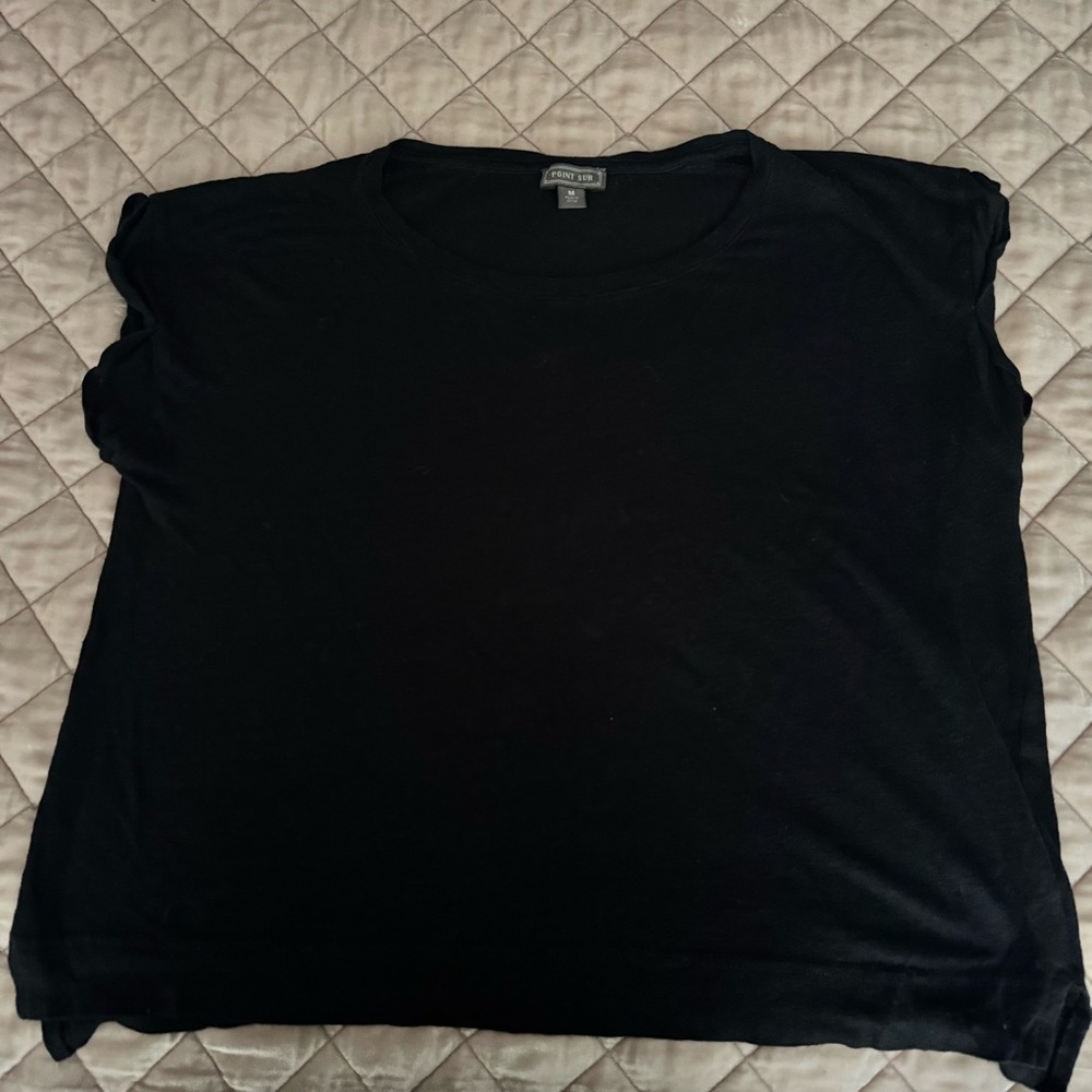 J. Crew Point Sur Black Linen Cuffed Sleve Top, Size Medium